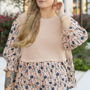 Beige 1X Beige Faux Two Piece Knit Patchwork Floral Print Plus Size Top