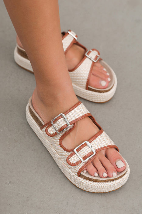 Beige Linen Dual Buckle Strap Thick Sole Slippers