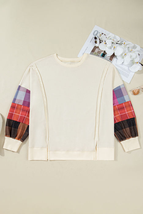 Beige Plus Size Multicolor Plaid Patchwork Sleeve Pullover Top