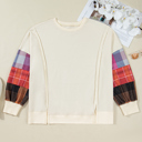  Beige Plus Size Multicolor Plaid Patchwork Sleeve Pullover Top