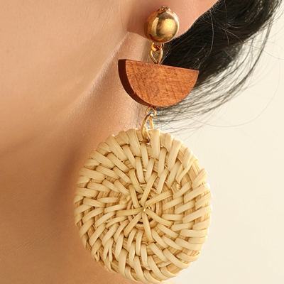 Beige Wooden Woven Disc Dangle Earrings