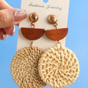  Beige Wooden Woven Disc Dangle Earrings