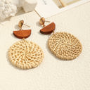  Beige Wooden Woven Disc Dangle Earrings