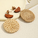  Beige Wooden Woven Disc Dangle Earrings