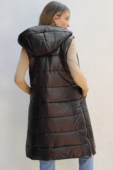 Black Hooded Long Quilted Vest PLUS Coat