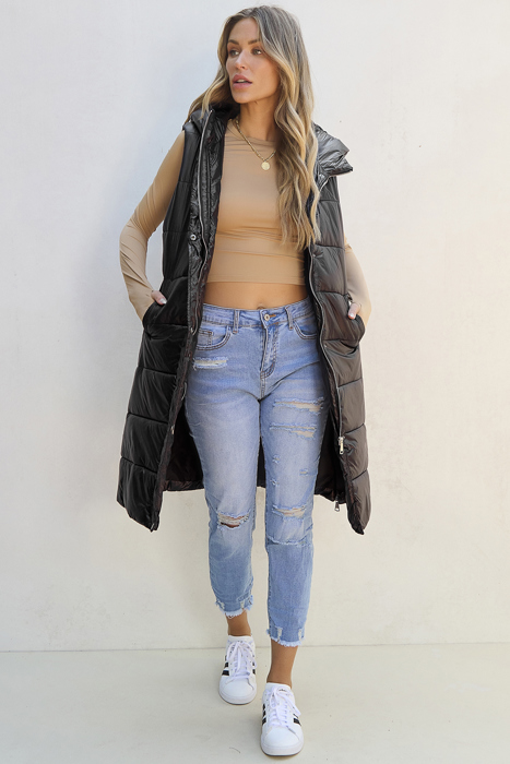 Black Hooded Long Quilted Vest PLUS Coat