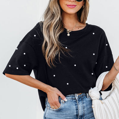 Demi Pearl Beaded Drop Shoulder Crewneck Top