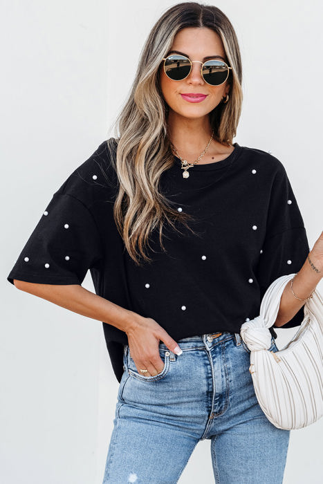 Demi Pearl Beaded Drop Shoulder Crewneck Top