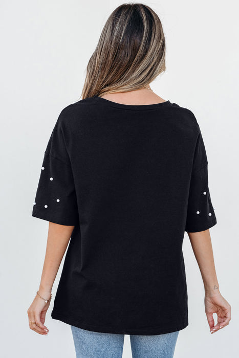 Demi Pearl Beaded Drop Shoulder Crewneck Top