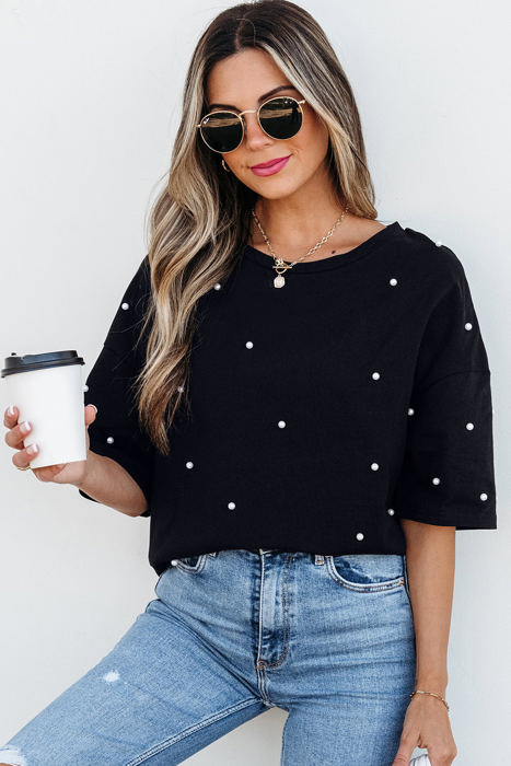 Demi Pearl Beaded Drop Shoulder Crewneck Top