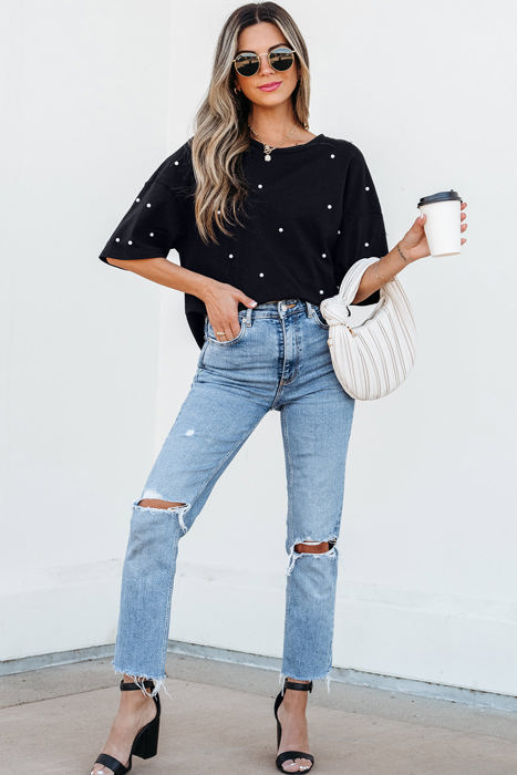 Demi Pearl Beaded Drop Shoulder Crewneck Top