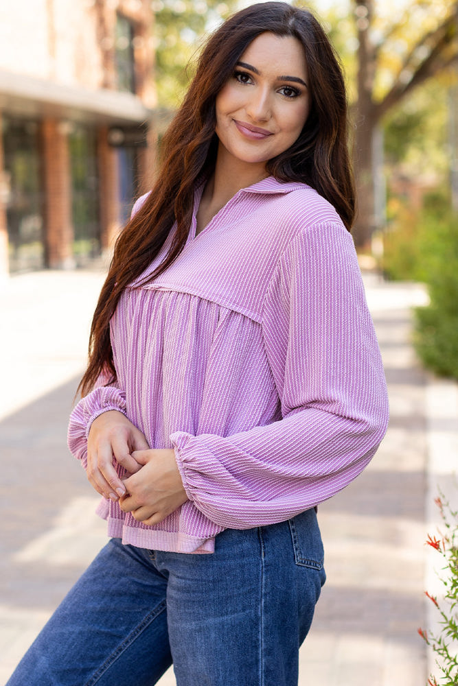 Blake Corded V Neck Bubble Sleeve Blouse