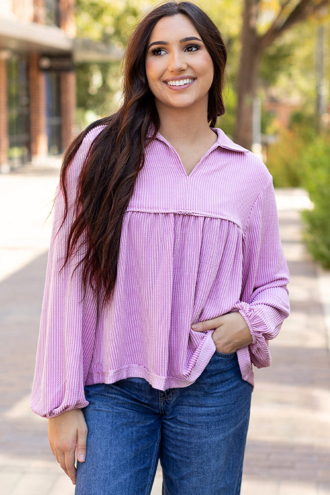 Blake Corded V Neck Bubble Sleeve Blouse