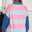  Blue Stripe Colorblock Patchwork Zip up Plus Size Pullover
