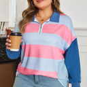  Blue Stripe Colorblock Patchwork Zip up Plus Size Pullover