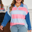  Blue Stripe Colorblock Patchwork Zip up Plus Size Pullover