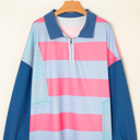  Blue Stripe Colorblock Patchwork Zip up Plus Size Pullover