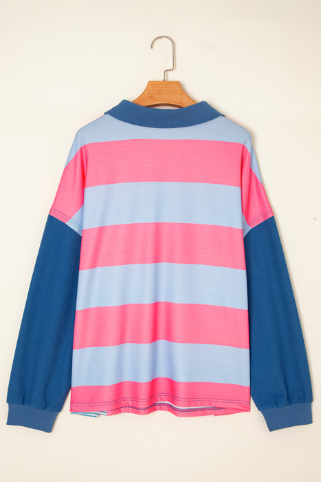 Blue Stripe Colorblock Patchwork Zip up Plus Size Pullover
