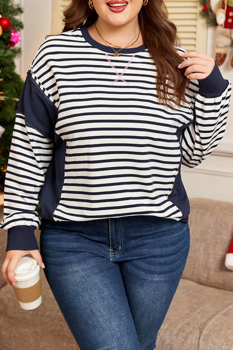 Blue Stripe Contrast Stitched Detail Color Block Patchwork Plus Size Sweatshirt