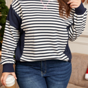  Blue Stripe Contrast Stitched Detail Color Block Patchwork Plus Size Sweatshirt