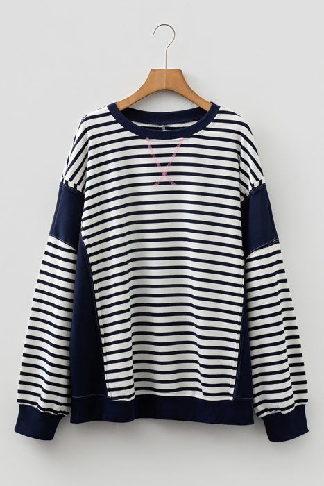 Blue Stripe Contrast Stitched Detail Color Block Patchwork Plus Size Sweatshirt
