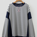  Blue Stripe Contrast Stitched Detail Color Block Patchwork Plus Size Sweatshirt