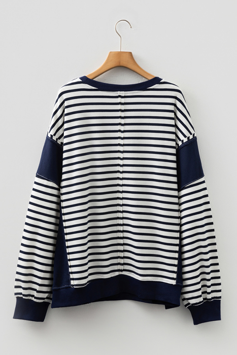 Blue Stripe Contrast Stitched Detail Color Block Patchwork Plus Size Sweatshirt