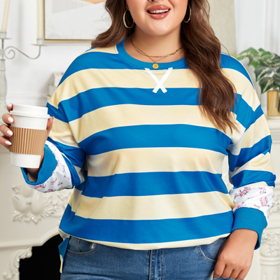 Blue Stripe Floral Color Block Drop Shoulder Plus Size Pullover Top