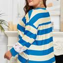  Blue Stripe Floral Color Block Drop Shoulder Plus Size Pullover Top