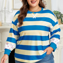  Blue Stripe Floral Color Block Drop Shoulder Plus Size Pullover Top