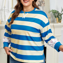  Blue Stripe Floral Color Block Drop Shoulder Plus Size Pullover Top
