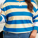  Blue Stripe Floral Color Block Drop Shoulder Plus Size Pullover Top