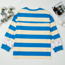  Blue Stripe Floral Color Block Drop Shoulder Plus Size Pullover Top