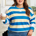 Blue Stripe 2X Blue Stripe Floral Color Block Drop Shoulder Plus Size Pullover Top