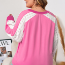  Bonbon Lace Striped Patchwork Long Sleeve Corded V Neck Plus Size Top