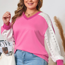  Bonbon Lace Striped Patchwork Long Sleeve Corded V Neck Plus Size Top