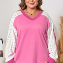  Bonbon Lace Striped Patchwork Long Sleeve Corded V Neck Plus Size Top