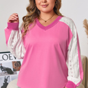  Bonbon Lace Striped Patchwork Long Sleeve Corded V Neck Plus Size Top