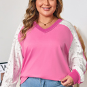  Bonbon Lace Striped Patchwork Long Sleeve Corded V Neck Plus Size Top
