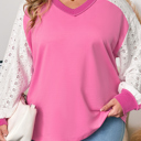  Bonbon Lace Striped Patchwork Long Sleeve Corded V Neck Plus Size Top