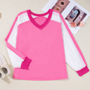  Bonbon Lace Striped Patchwork Long Sleeve Corded V Neck Plus Size Top