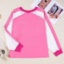  Bonbon Lace Striped Patchwork Long Sleeve Corded V Neck Plus Size Top