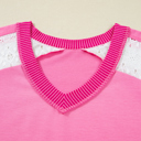  Bonbon Lace Striped Patchwork Long Sleeve Corded V Neck Plus Size Top