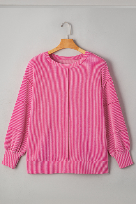 Bonbon Spiral Ribbed Exposed Seam Detail Plus Size Long Sleeve Top