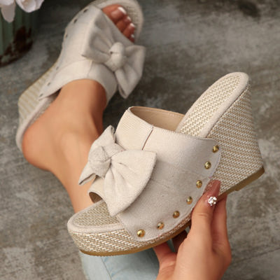 Bow Knot Decor Woven Wedge Slippers