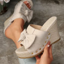White Size 8.5 Bow Knot Decor Woven Wedge Slippers
