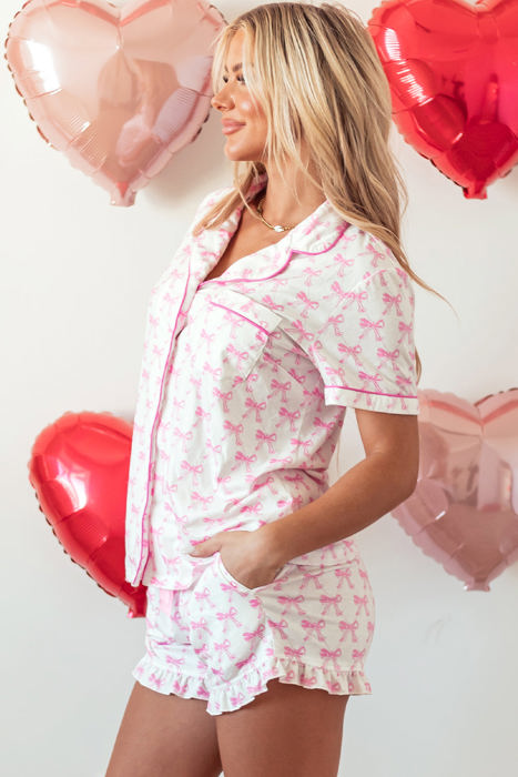 Bow Short Sleeve and Ruffled Shorts Pajama Set