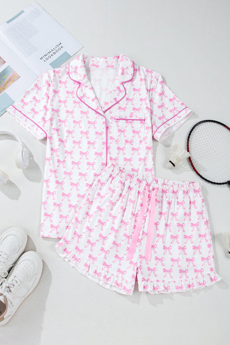 Bow Short Sleeve and Ruffled Shorts Pajama Set