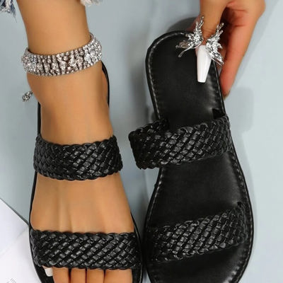 Braided Double Band Leathered Flat Slippers