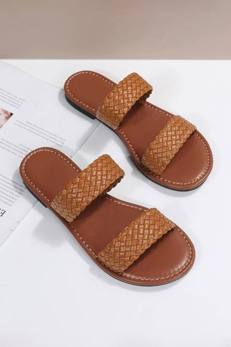 Braided Double Band Leathered Flat Slippers